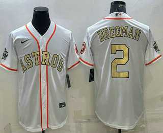 Men%27s Houston Astros #2 Alex Bregman White Gold 2022 World Series Champions Stitched Cool Base Nike Jersey->houston astros->MLB Jersey